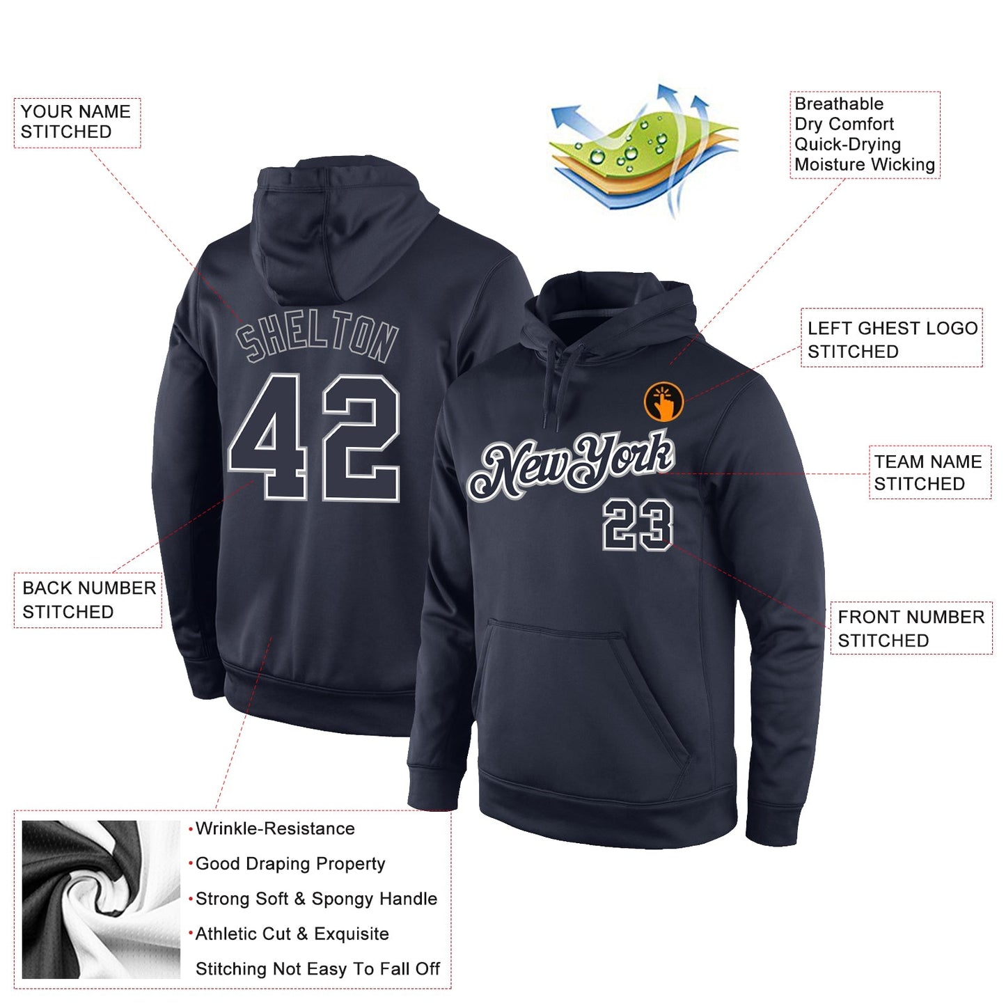 Custom Stitched Navy Navy-Gray Sports Pullover Sweatshirt Hoodie view 2