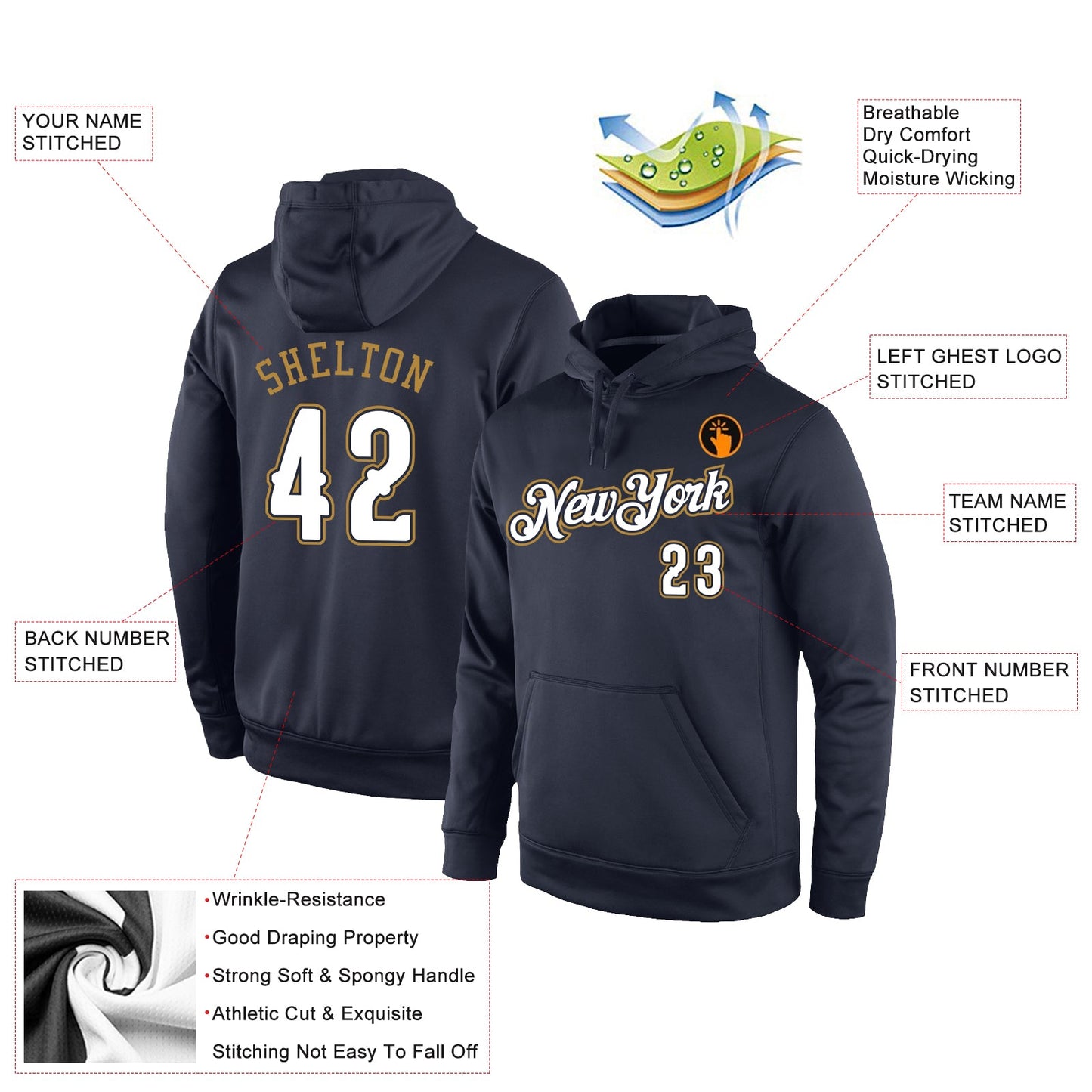 Custom Stitched Navy White-Old Gold Sports Pullover Sweatshirt Hoodie view 2