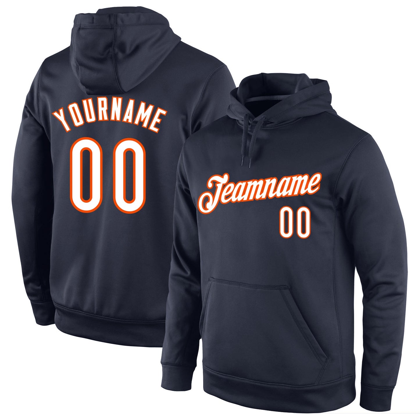 Custom Stitched Navy White-Orange Sports Pullover Sweatshirt Hoodie - Main View