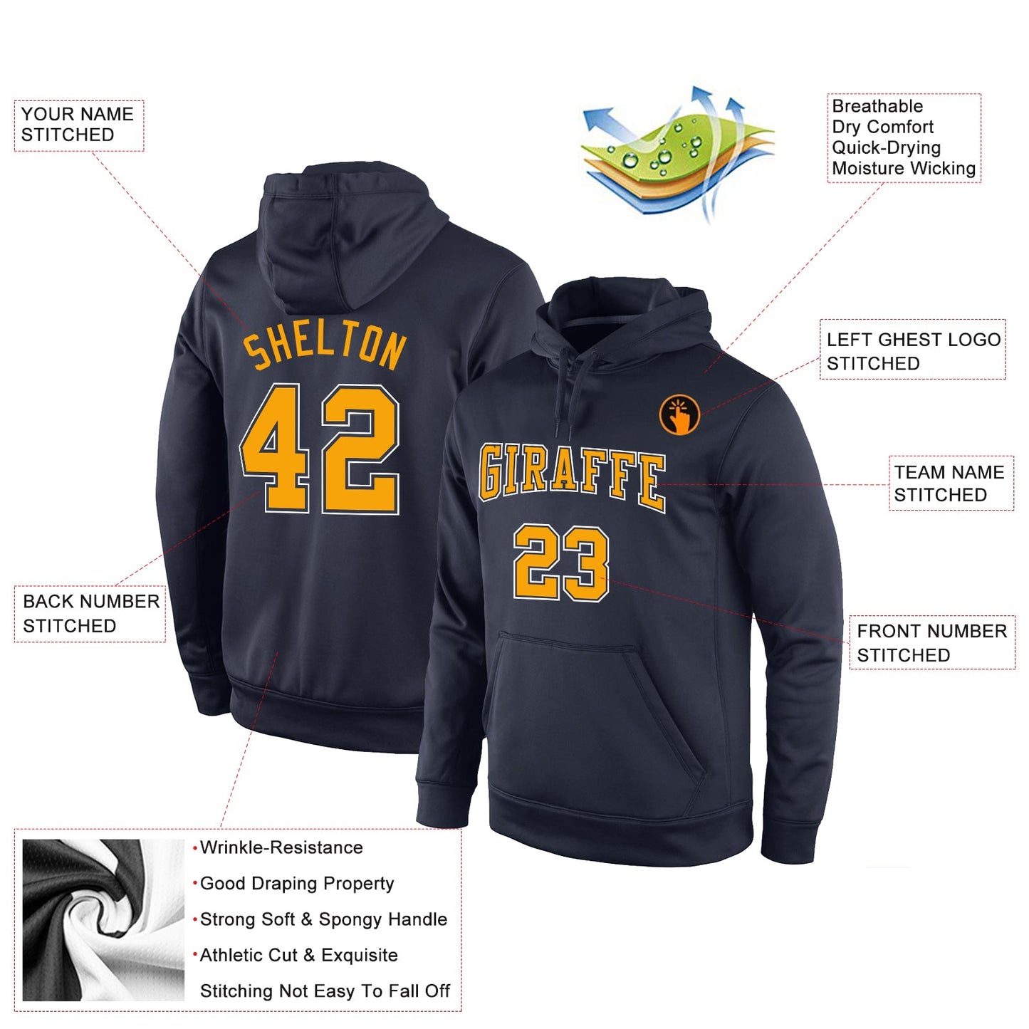 Custom Stitched Navy Gold-White Sports Pullover Sweatshirt Hoodie view 2