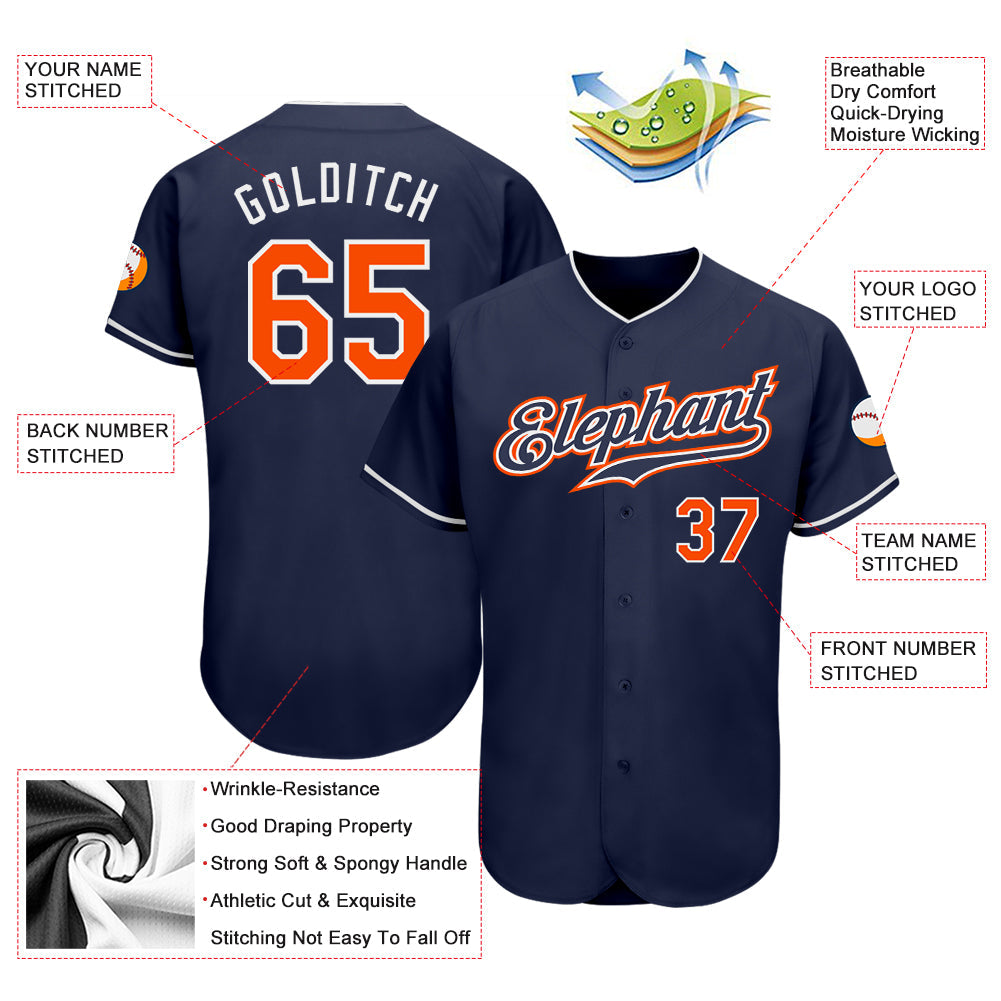Custom Navy Orange-White Authentic Baseball Jersey view 3