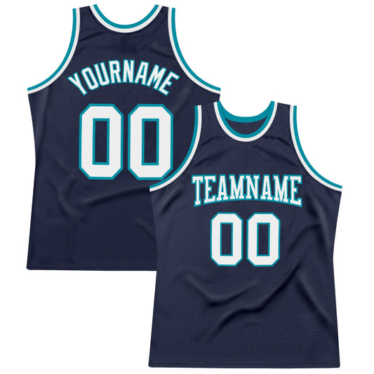 Custom Navy White-Teal Authentic Throwback Basketball Jersey - Main View