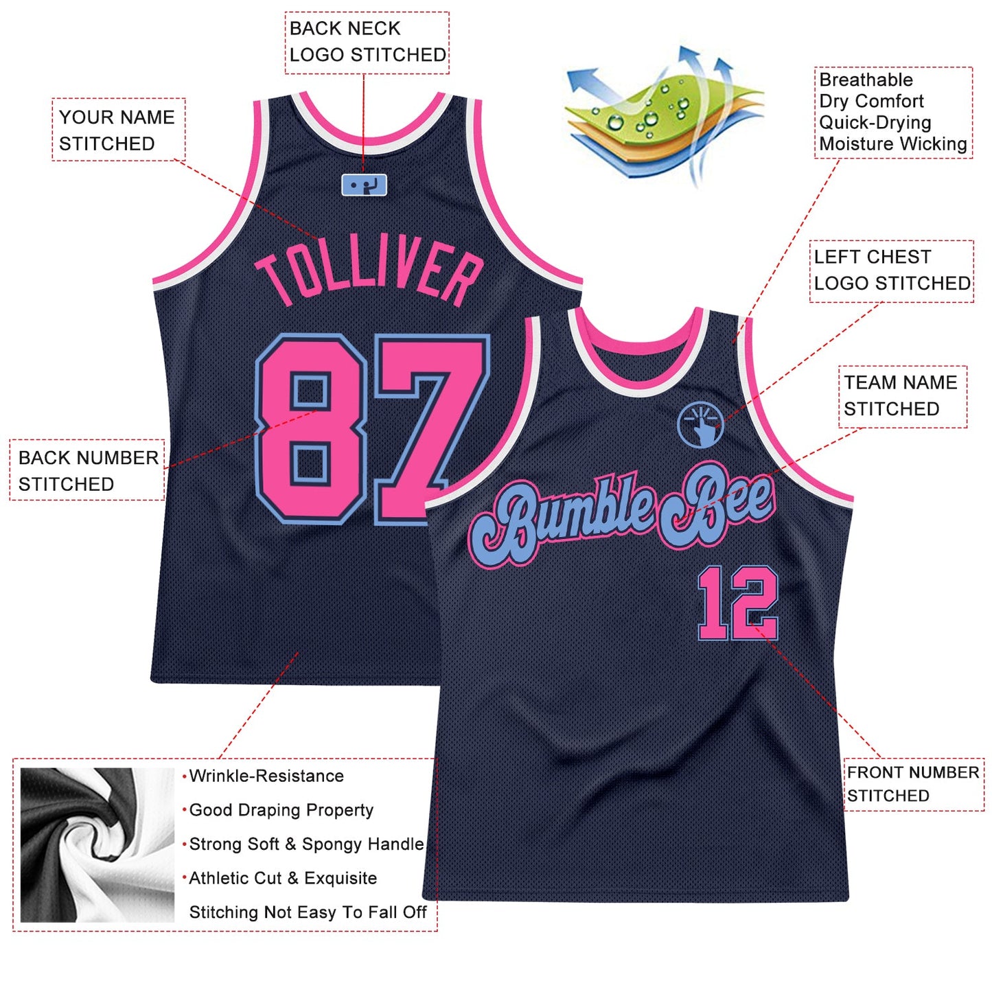 Custom Navy Pink-Light Blue Authentic Throwback Basketball Jersey view 2