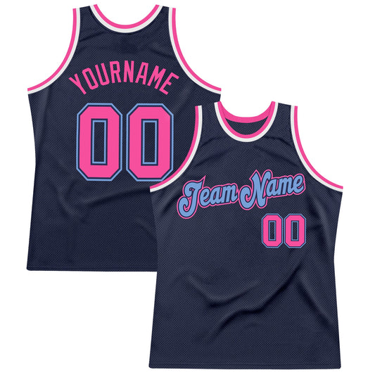 Custom Navy Pink-Light Blue Authentic Throwback Basketball Jersey - Main View