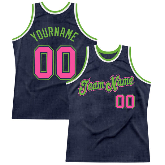 Custom Navy Pink-Neon Green Authentic Throwback Basketball Jersey - Main View