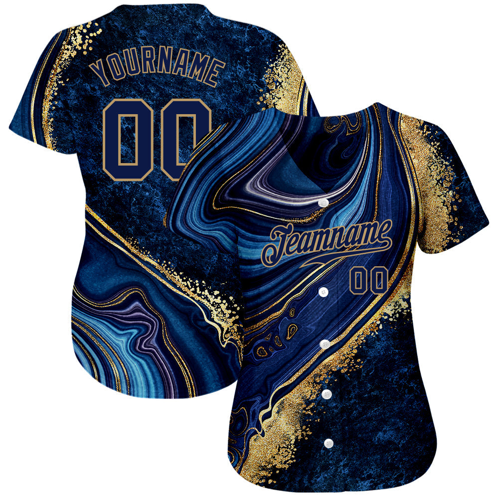 Custom Navy Navy-Old Gold 3D Pattern Design Marble Authentic Baseball Jersey view 2