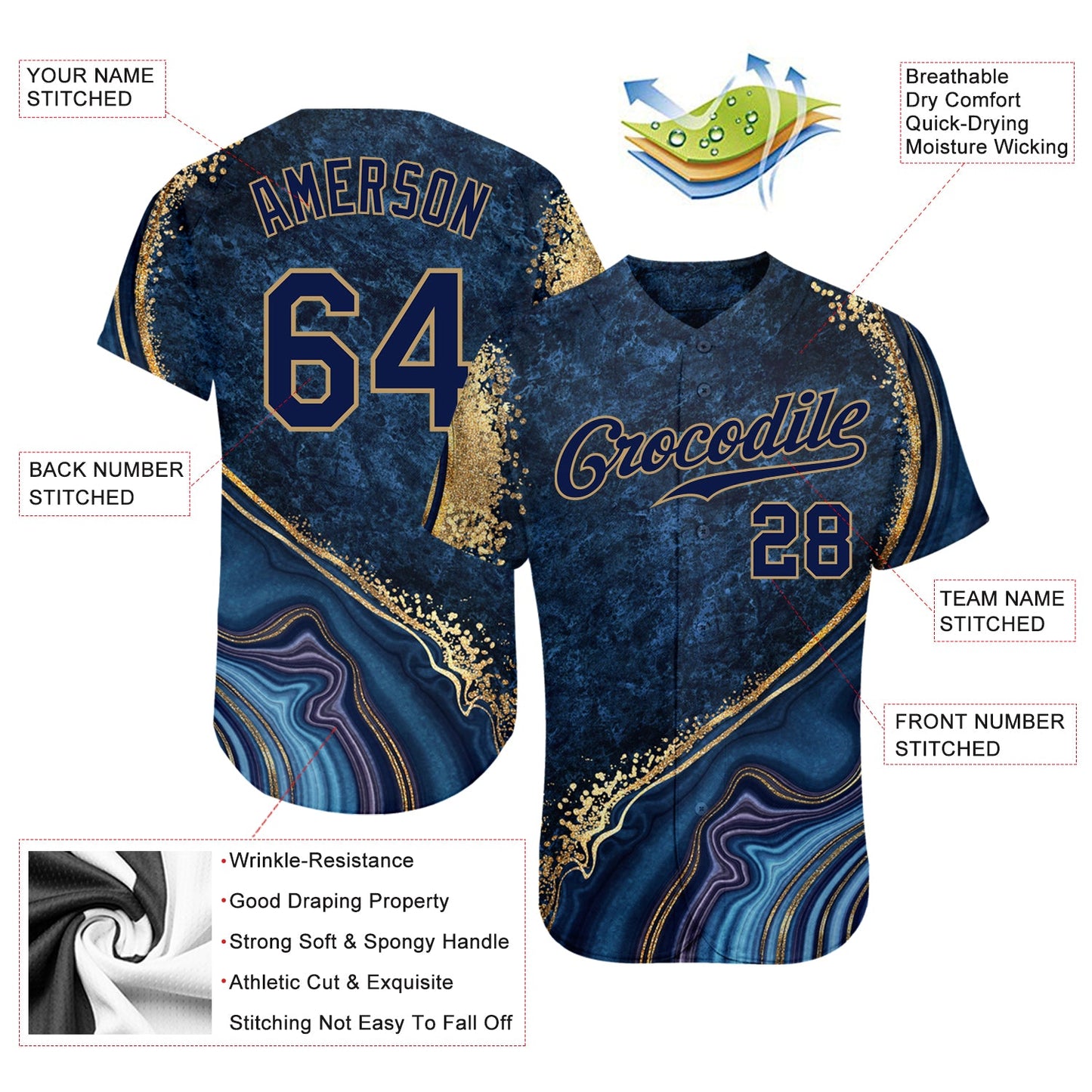 Custom Navy Navy-Old Gold 3D Pattern Design Marble Authentic Baseball Jersey view 3