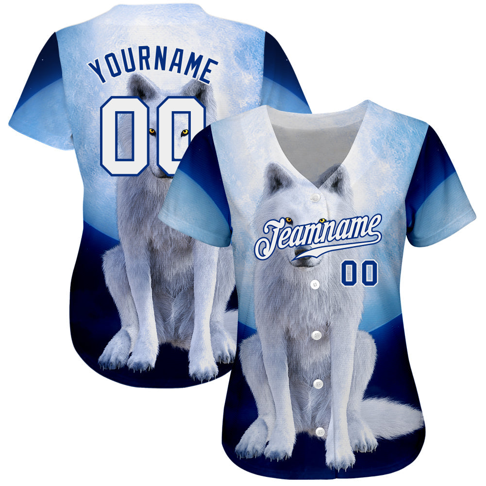 Custom Navy White-Royal 3D Pattern Design Wolf Authentic Baseball Jersey view 2