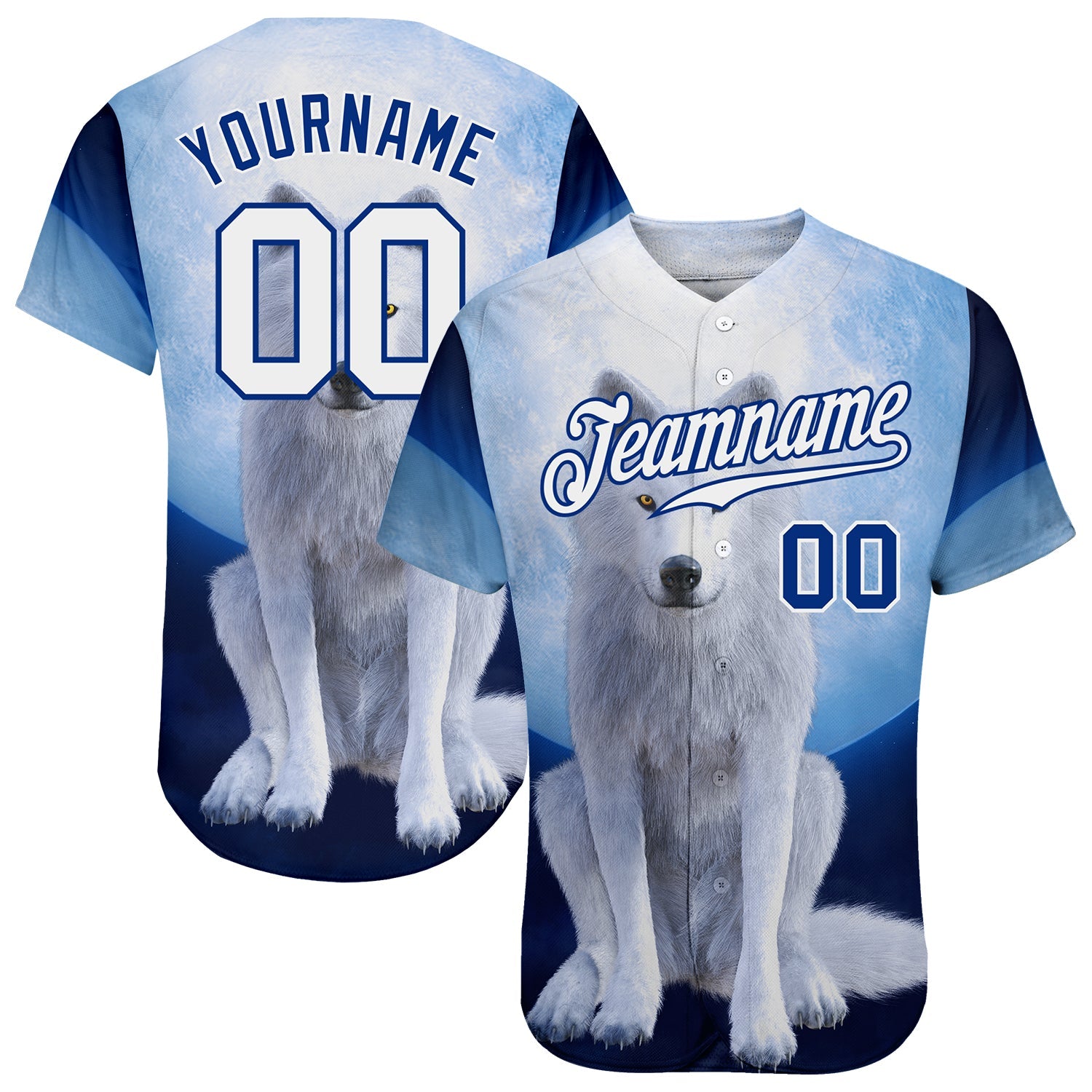 Custom Navy White-Royal 3D Pattern Design Wolf Authentic Baseball Jersey - Main View