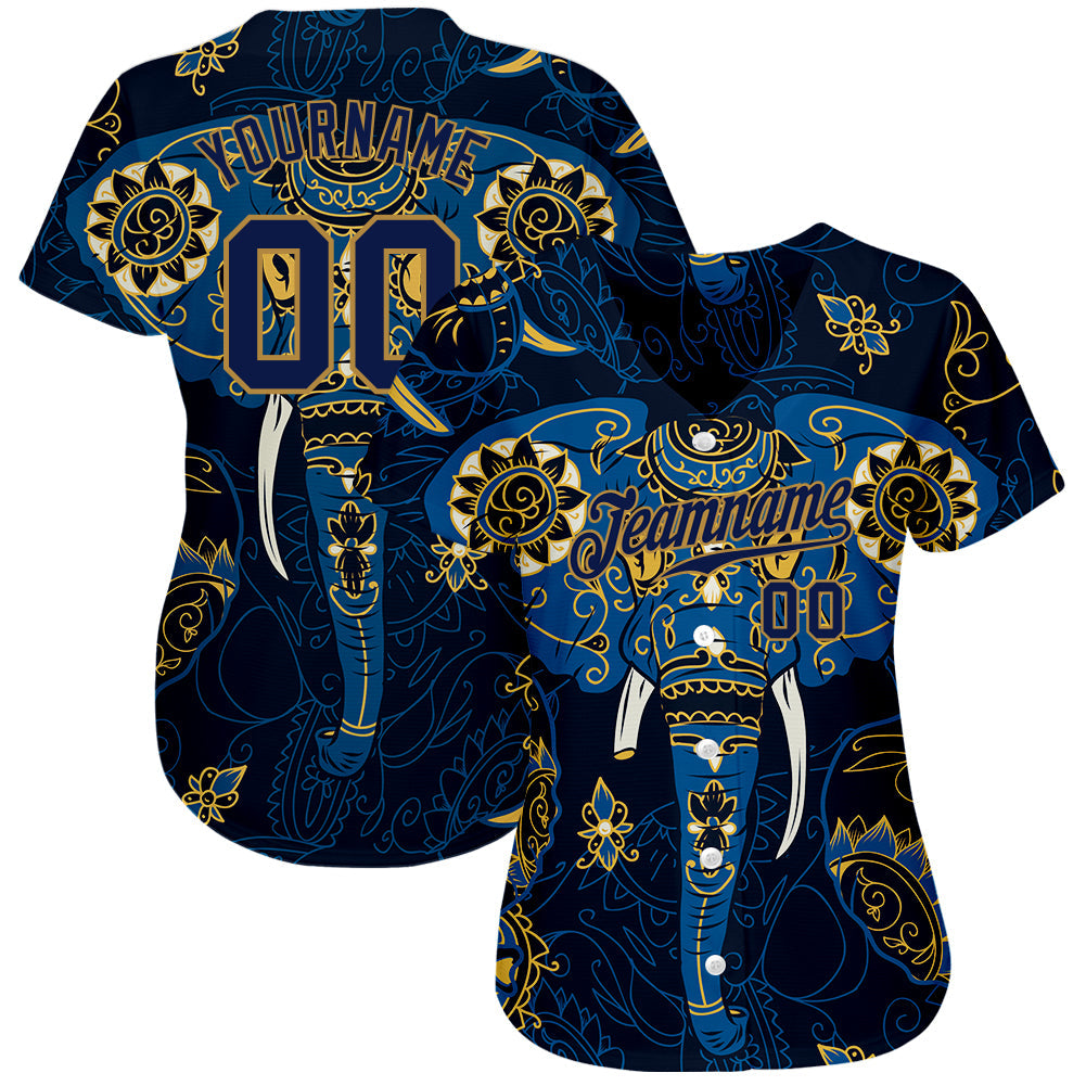 Custom Navy Navy-Old Gold 3D Pattern Design Elephant Authentic Baseball Jersey view 2