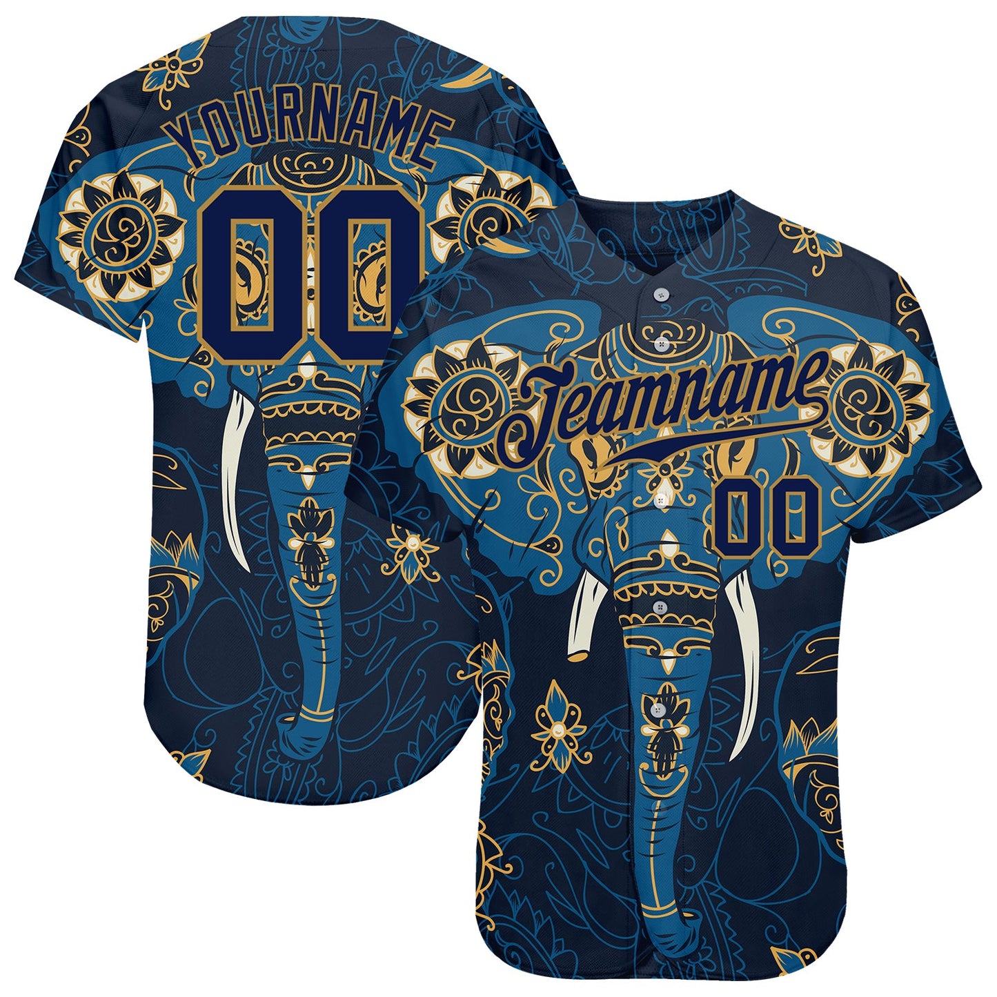 Custom Navy Navy-Old Gold 3D Pattern Design Elephant Authentic Baseball Jersey - Main View
