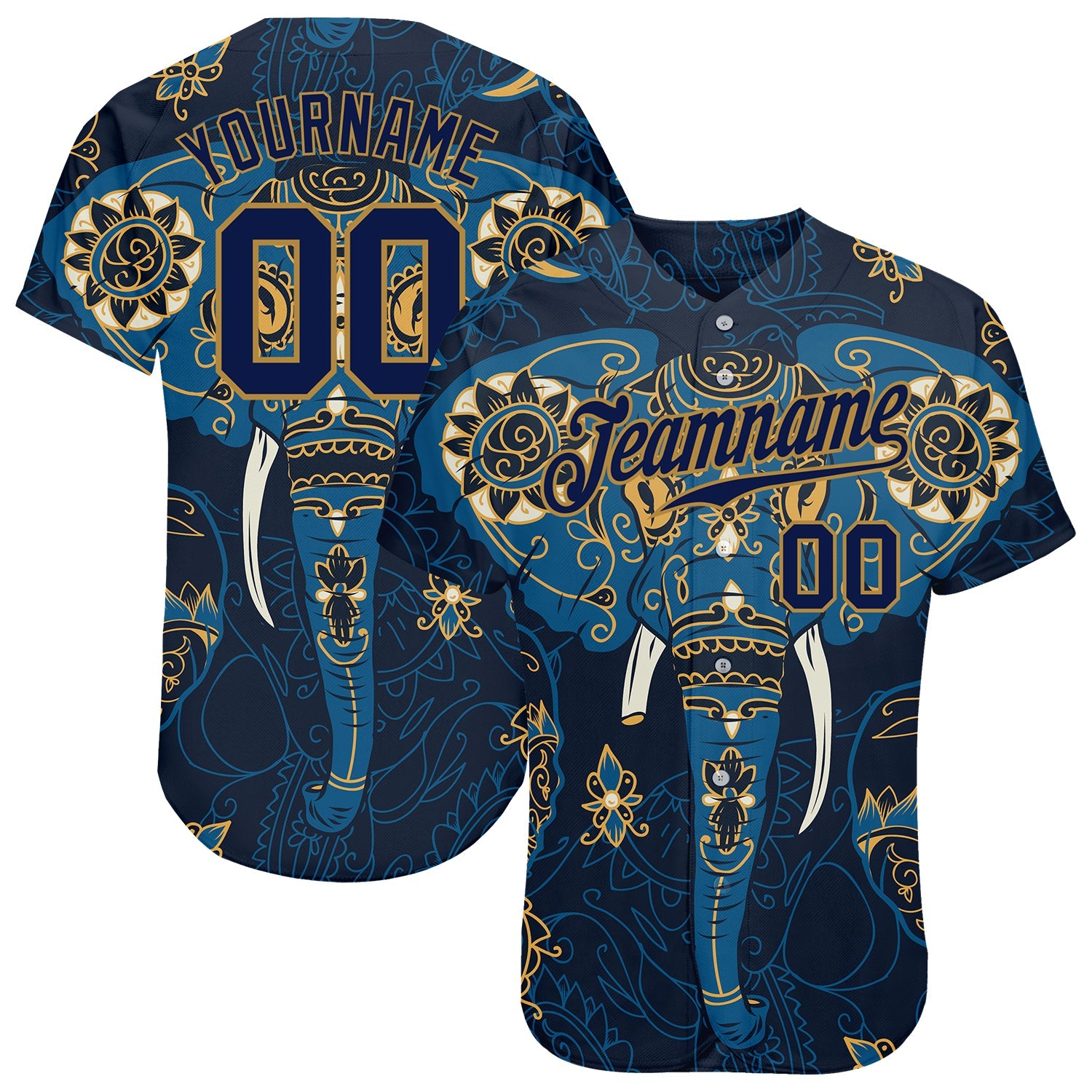 Custom Navy Navy-Old Gold 3D Pattern Design Elephant Authentic Baseball Jersey - Main View