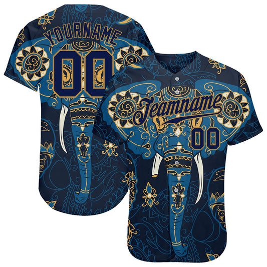 Custom Navy Navy-Old Gold 3D Pattern Design Elephant Authentic Baseball Jersey - Main View