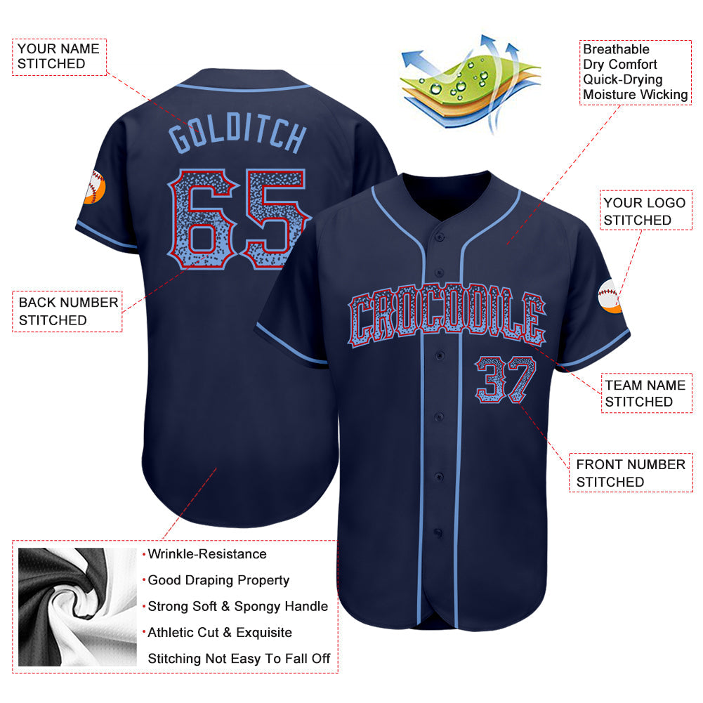 Custom Navy Light Blue-Red Authentic Drift Fashion Baseball Jersey view 3