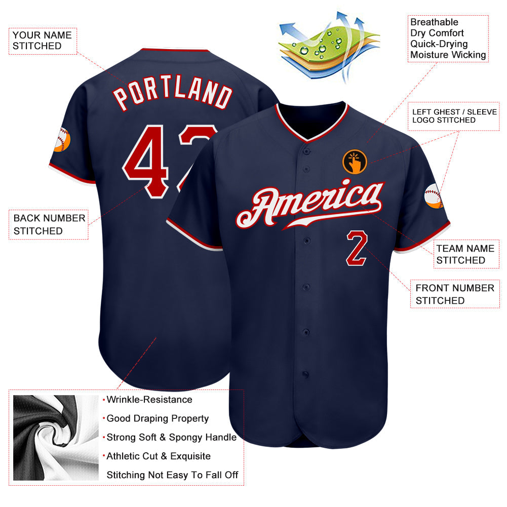 Custom Navy Red-White Authentic Baseball Jersey view 3
