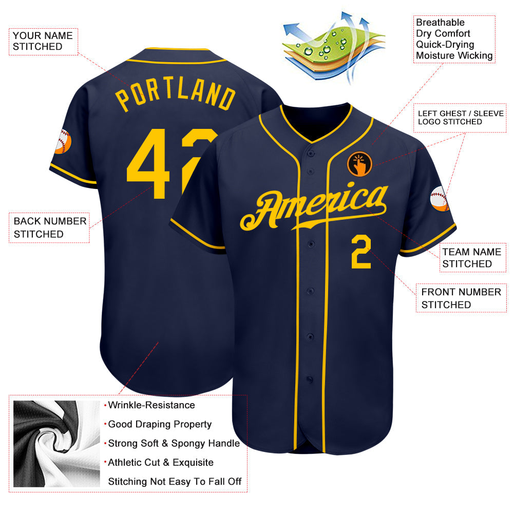 Custom Navy Gold Authentic Baseball Jersey view 2