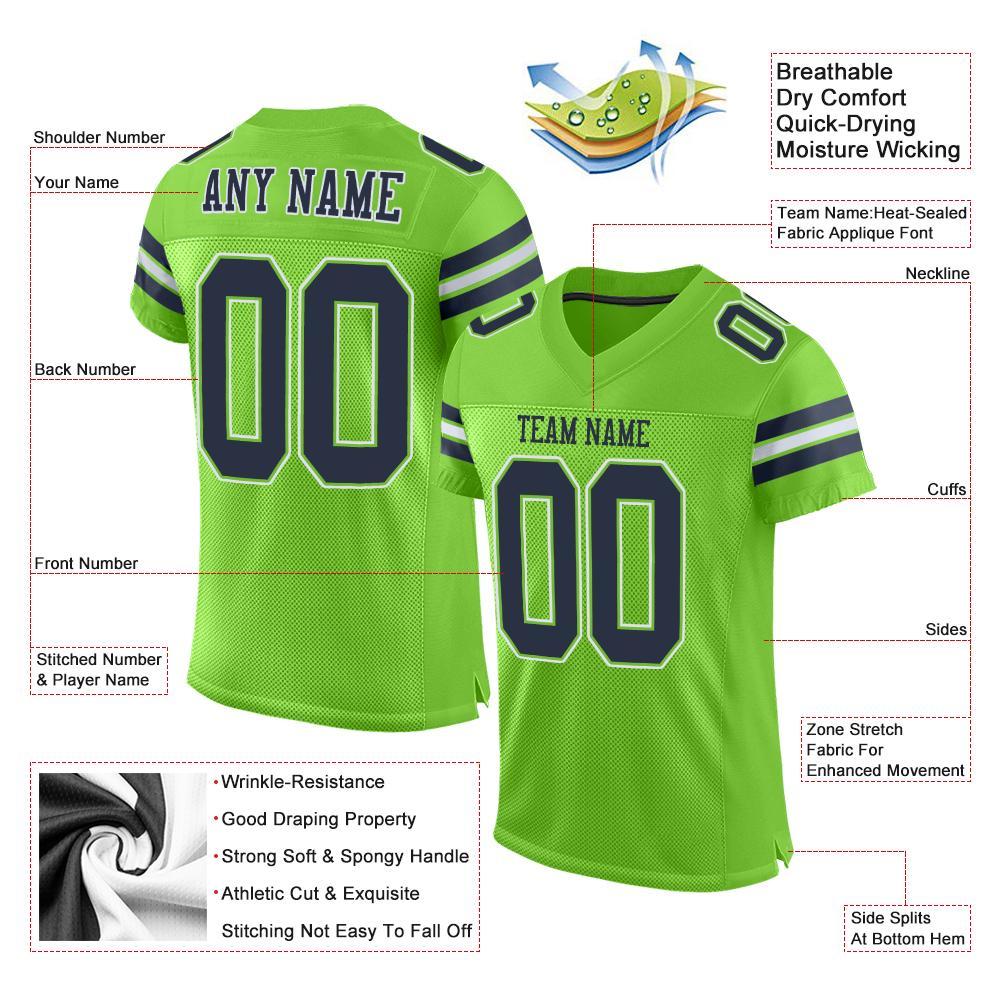 Custom Neon Green Navy-White Mesh Authentic Football Jersey view 4