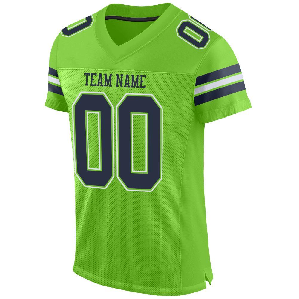 Custom Neon Green Navy-White Mesh Authentic Football Jersey view 2