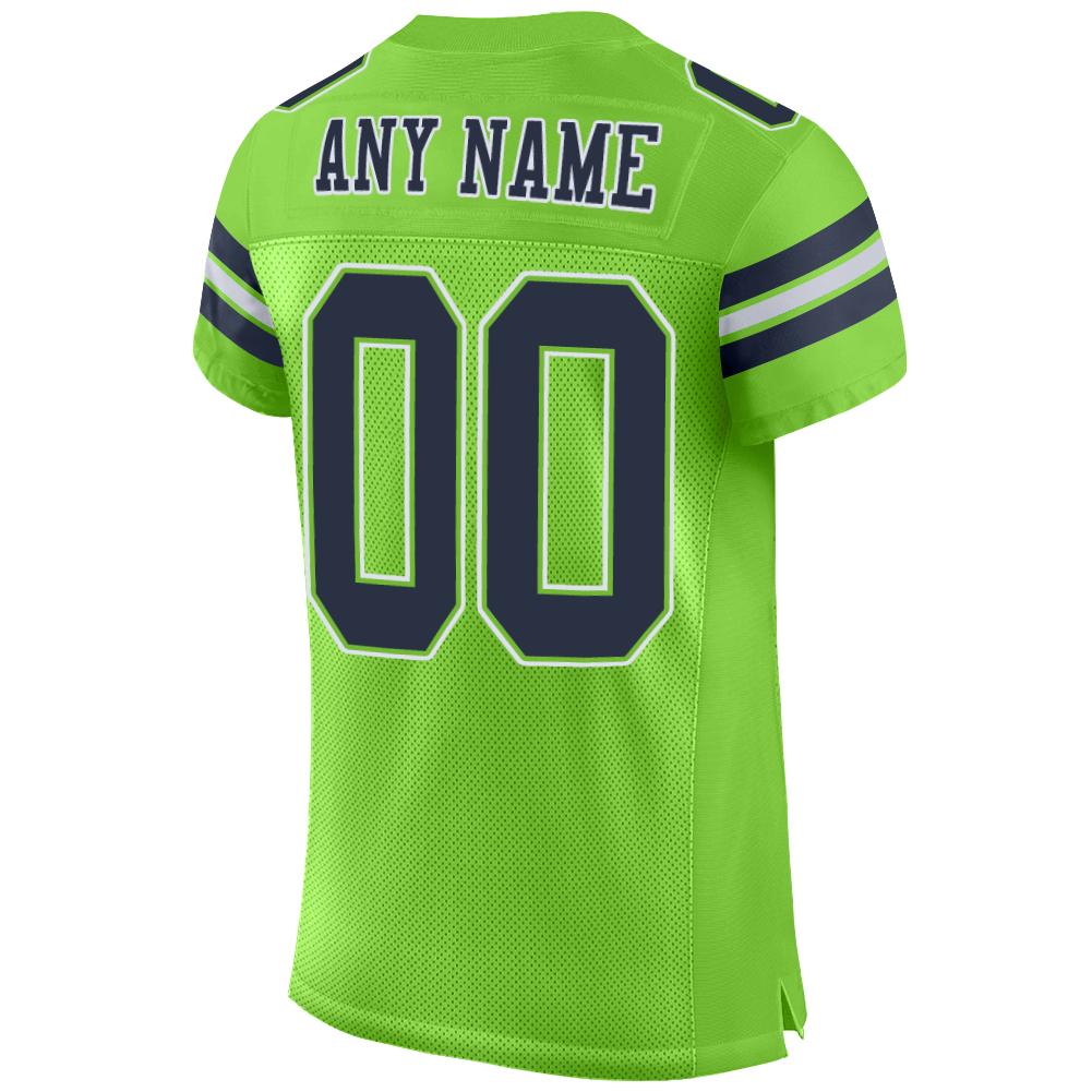 Custom Neon Green Navy-White Mesh Authentic Football Jersey view 3