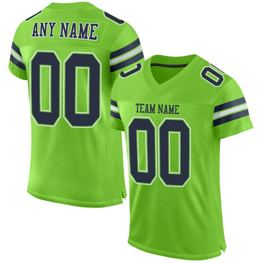 Custom Neon Green Navy-White Mesh Authentic Football Jersey - Main View