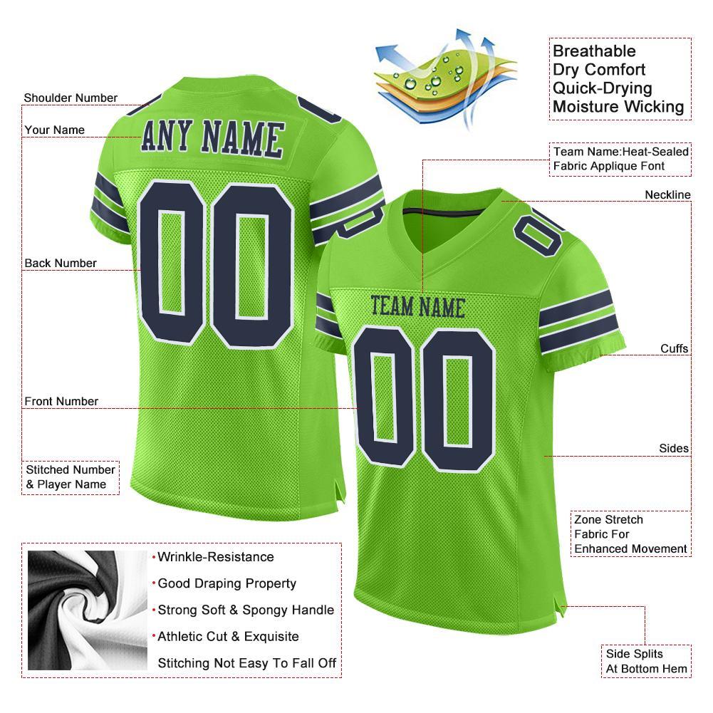 Custom Neon Green Navy-White Mesh Authentic Football Jersey view 4