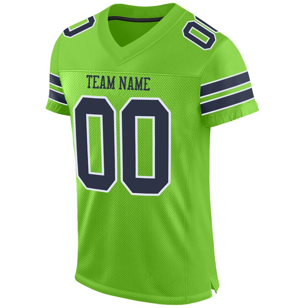 Custom Neon Green Navy-White Mesh Authentic Football Jersey view 2