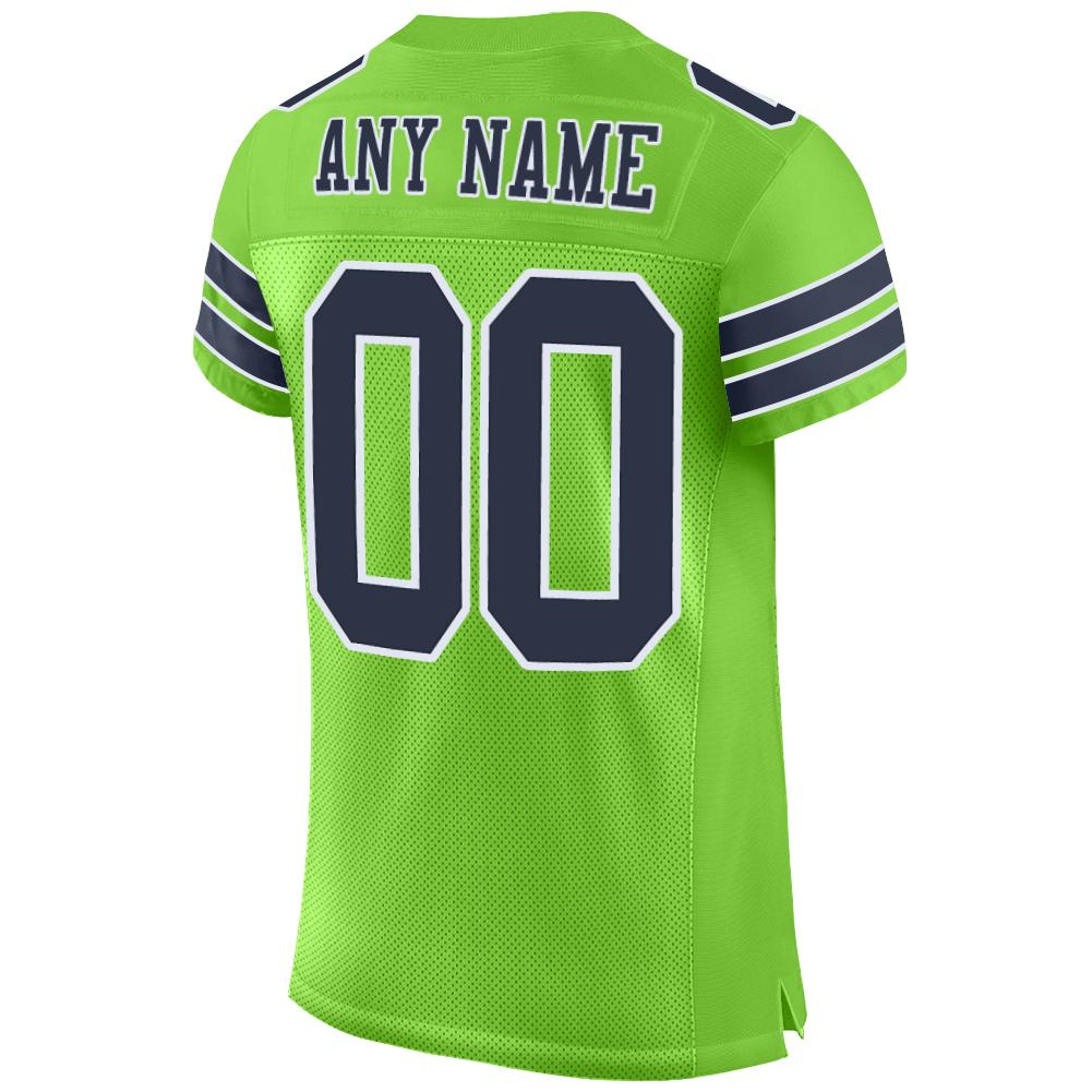 Custom Neon Green Navy-White Mesh Authentic Football Jersey view 3