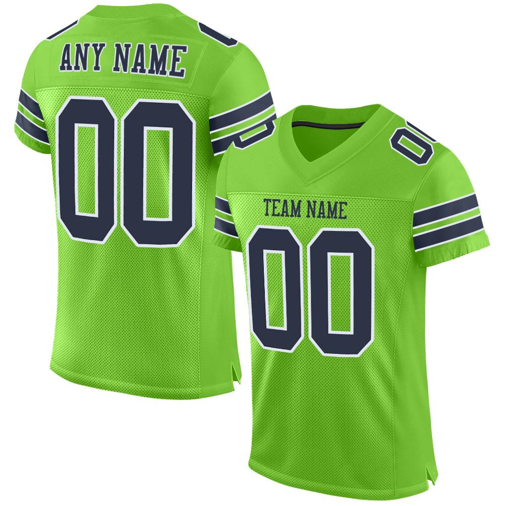 Custom Neon Green Navy-White Mesh Authentic Football Jersey - Main View