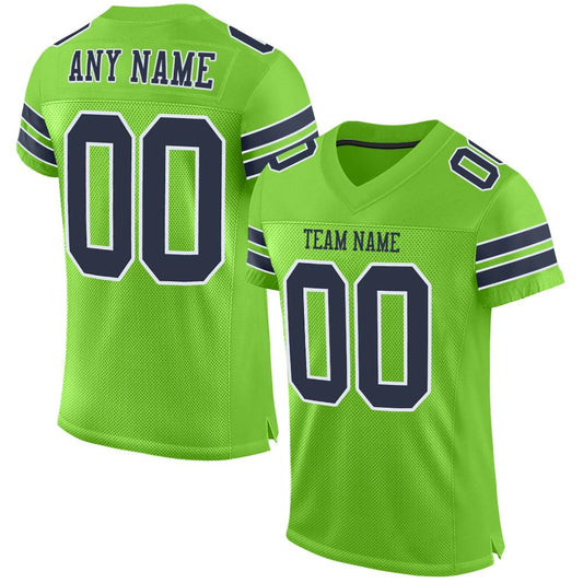 Custom Neon Green Navy-White Mesh Authentic Football Jersey - Main View