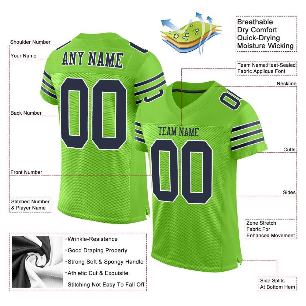 Custom Neon Green Navy-White Mesh Authentic Football Jersey view 4