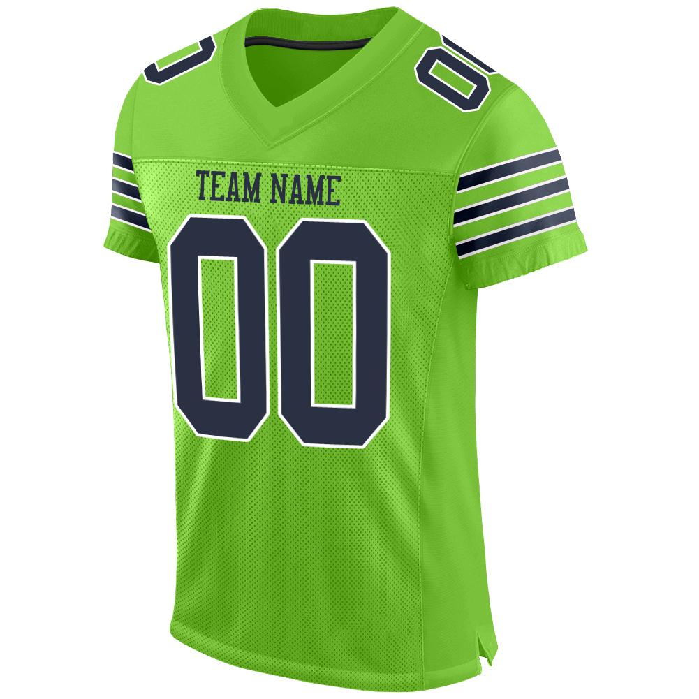 Custom Neon Green Navy-White Mesh Authentic Football Jersey view 2