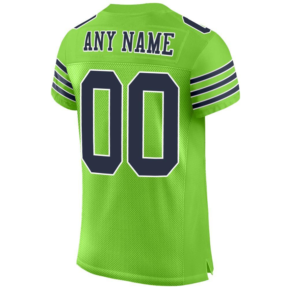 Custom Neon Green Navy-White Mesh Authentic Football Jersey view 3