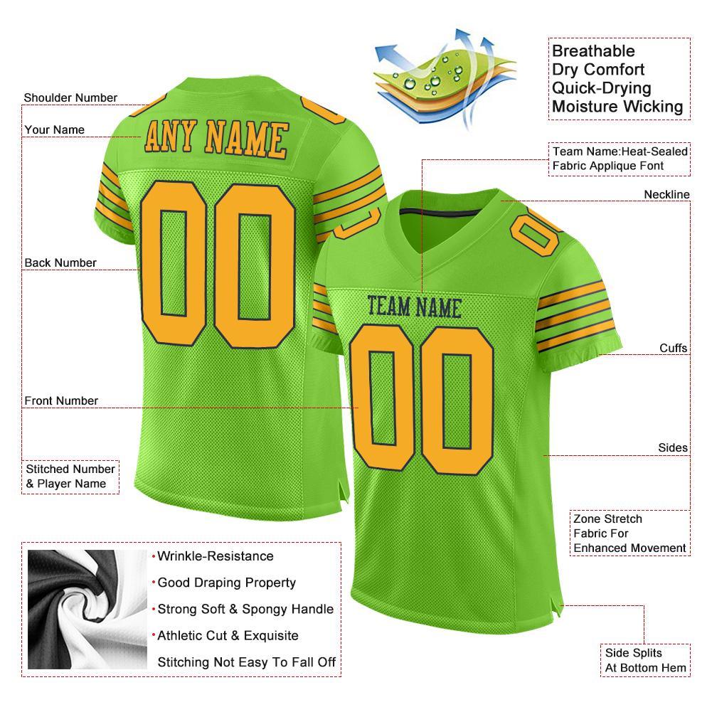 Custom Neon Green Gold-Navy Mesh Authentic Football Jersey view 4