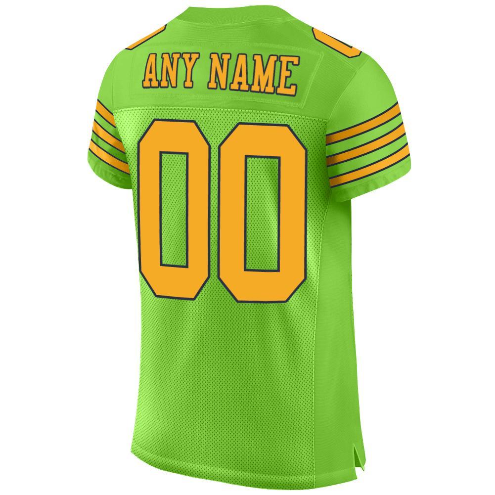 Custom Neon Green Gold-Navy Mesh Authentic Football Jersey view 3
