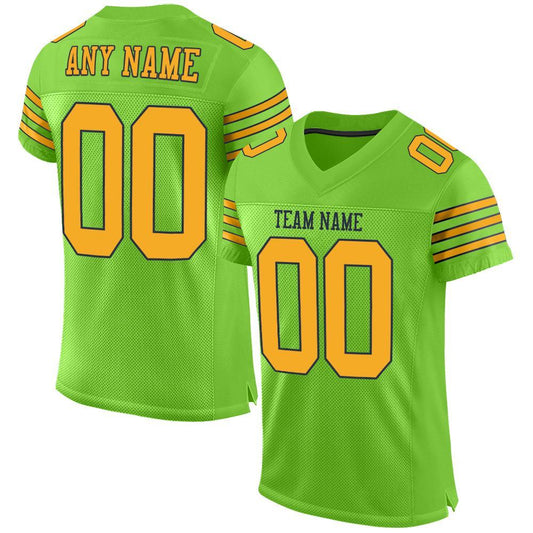 Custom Neon Green Gold-Navy Mesh Authentic Football Jersey - Main View