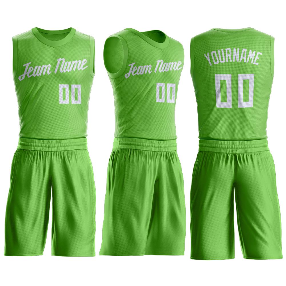 Custom Neon Green White Round Neck Basketball Uniform Jersey view 2