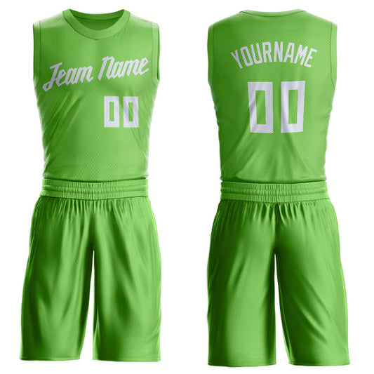 Custom Neon Green White Round Neck Basketball Uniform Jersey - Main View