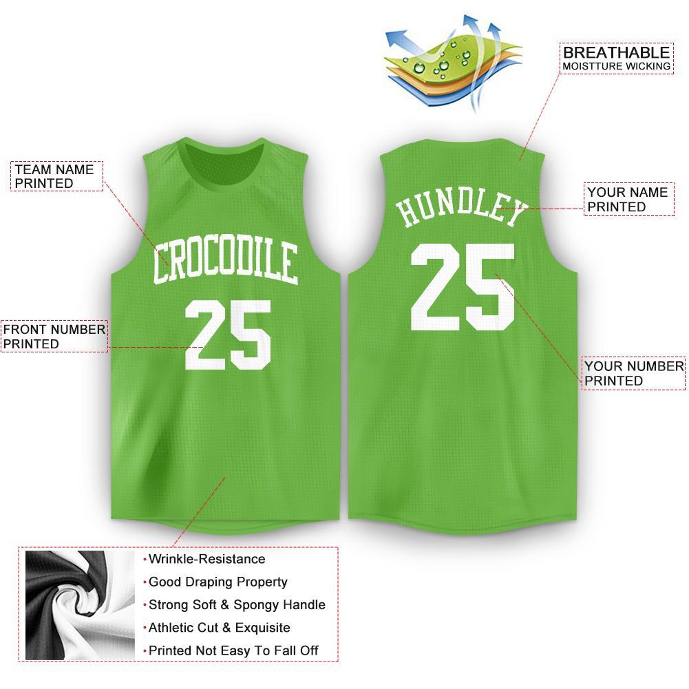 Custom Neon Green White Round Neck Basketball Jersey view 2