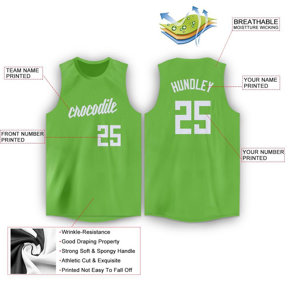 Custom Neon Green White Round Neck Basketball Jersey view 2