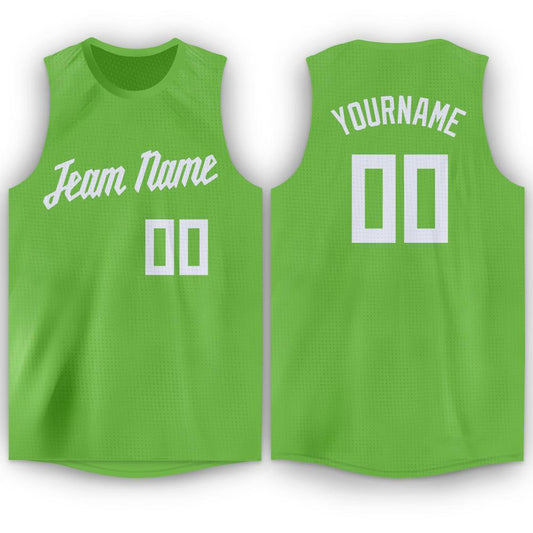 Custom Neon Green White Round Neck Basketball Jersey - Main View