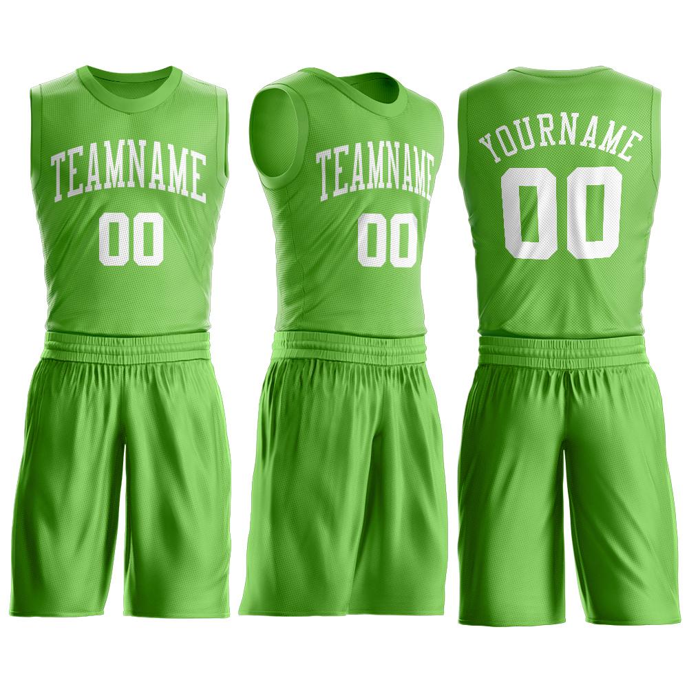 Custom Neon Green White Round Neck Basketball Uniform Jersey view 2