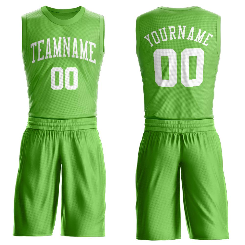 Custom Neon Green White Round Neck Basketball Uniform Jersey - Main View