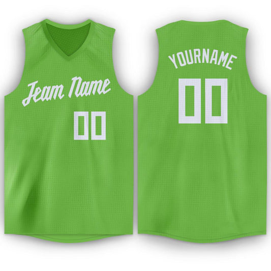 Custom Neon Green White V-Neck Basketball Jersey - Main View