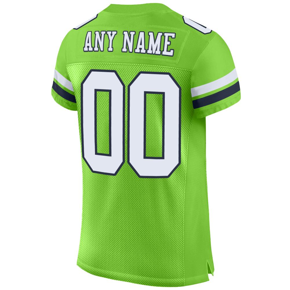 Custom Neon Green White-Navy Mesh Authentic Football Jersey view 3