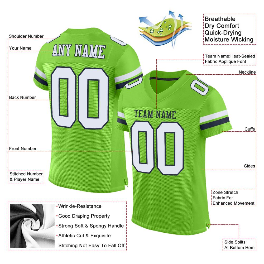Custom Neon Green White-Navy Mesh Authentic Football Jersey view 4