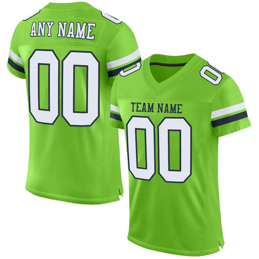 Custom Neon Green White-Navy Mesh Authentic Football Jersey - Main View