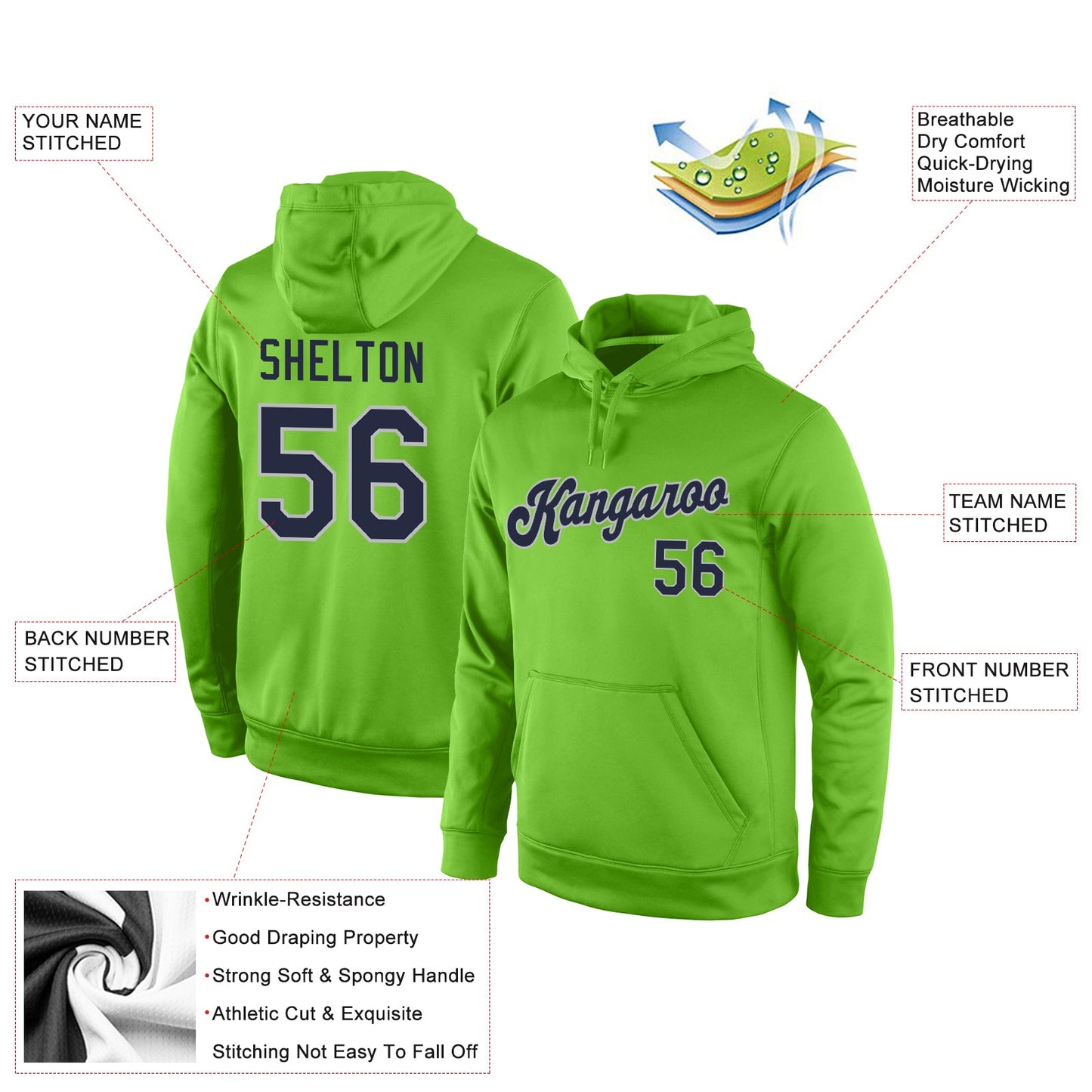 Custom Stitched Neon Green Navy-Gray Sports Pullover Sweatshirt Hoodie view 4