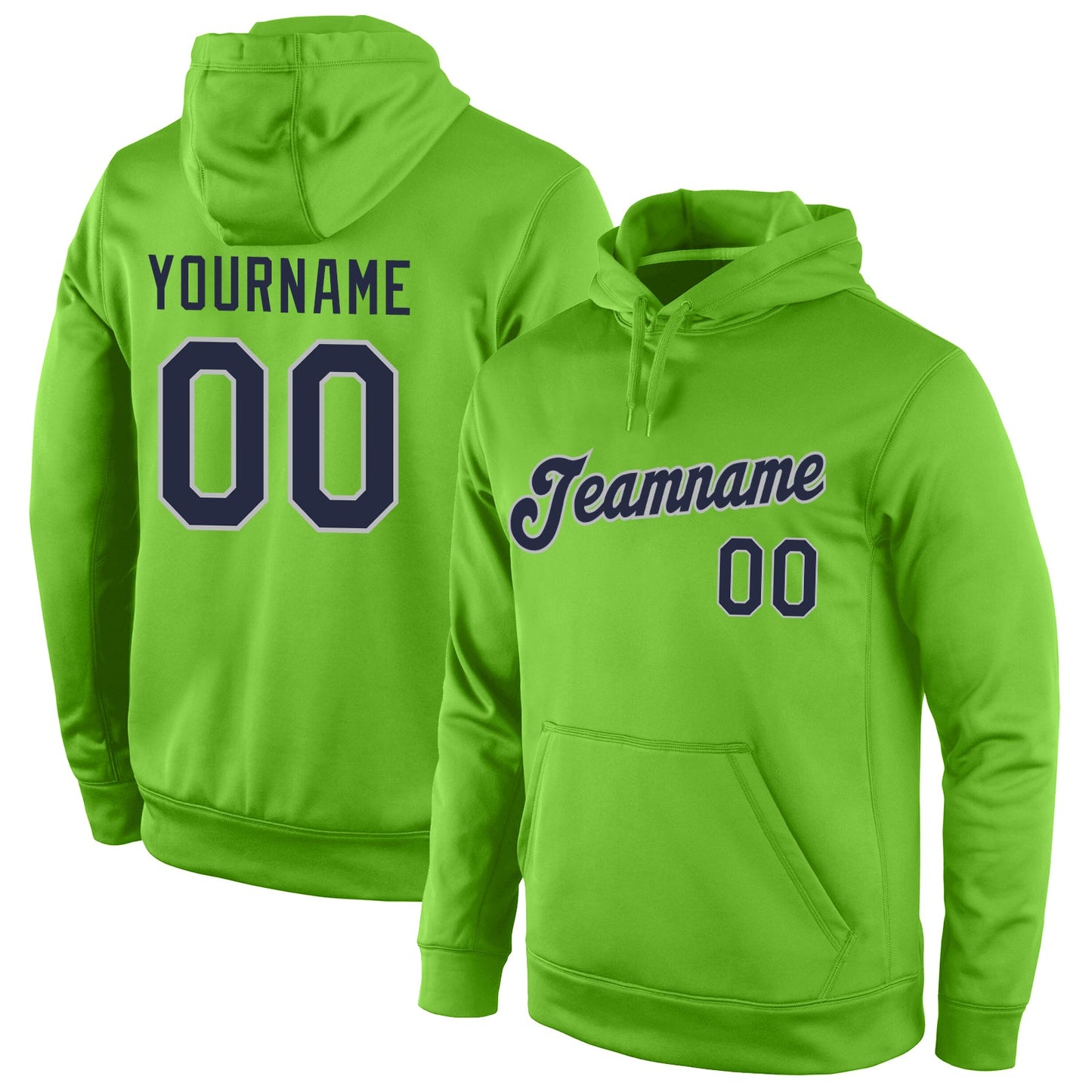 Custom Stitched Neon Green Navy-Gray Sports Pullover Sweatshirt Hoodie - Main View