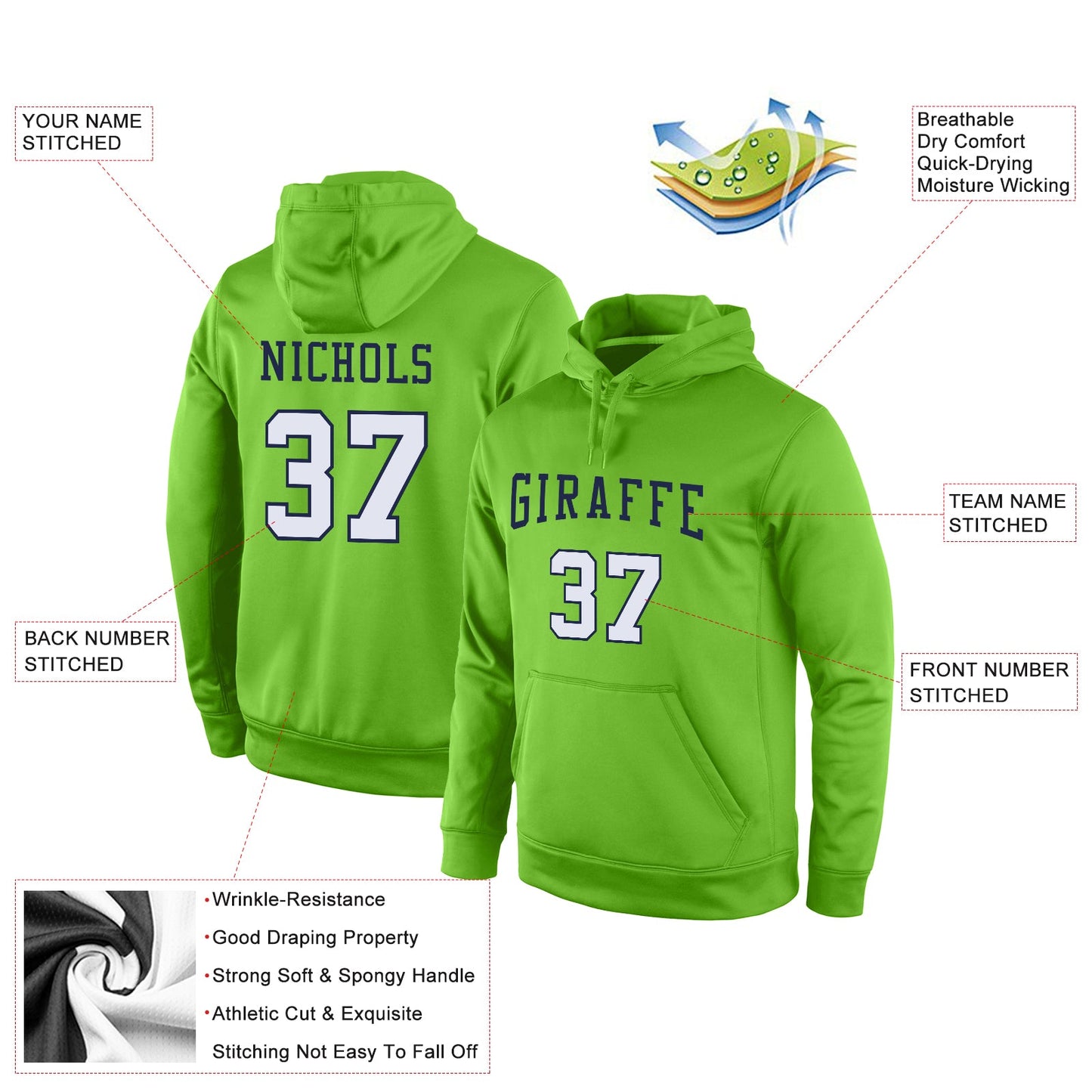 Custom Stitched Neon Green White-Navy Sports Pullover Sweatshirt Hoodie view 4