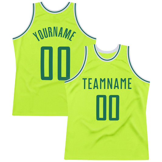 Custom Neon Green Kelly Green-White Authentic Throwback Basketball Jersey - Main View